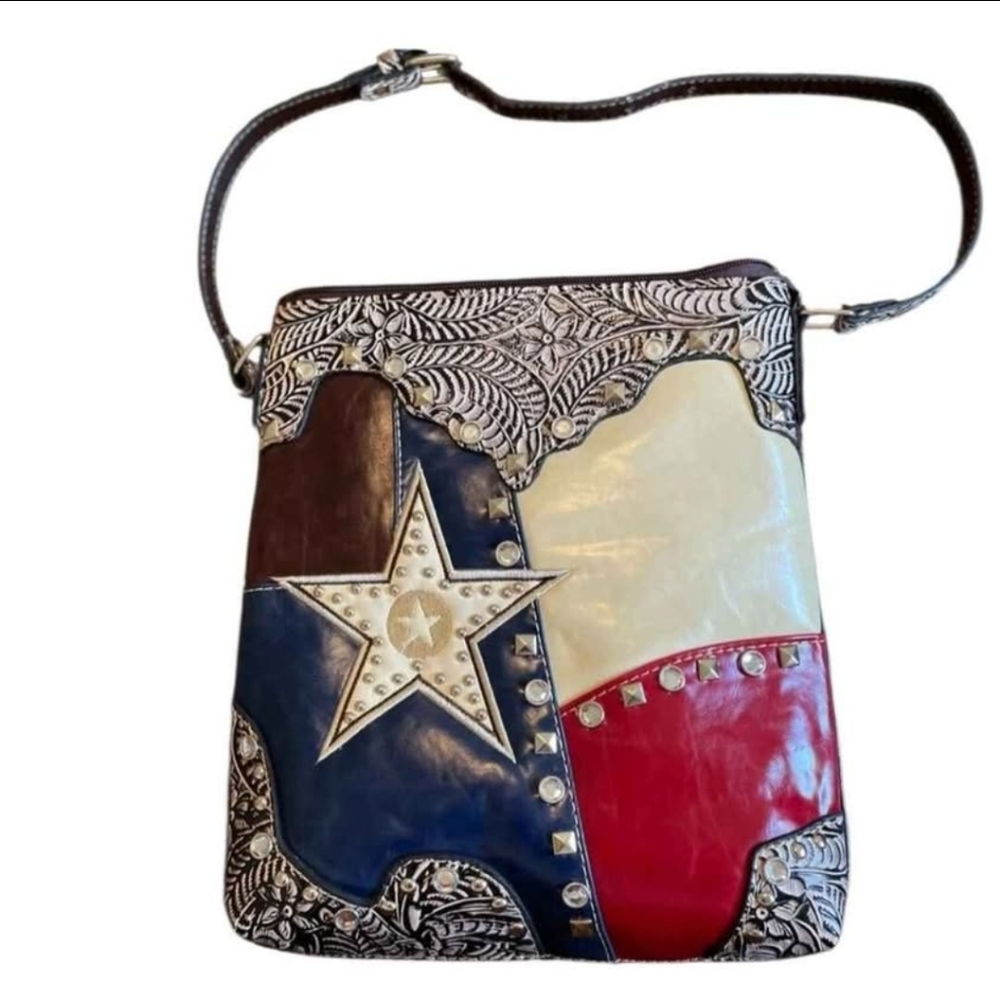 P&G Leather Texan Patriotic Crossbody Purse 12x13"